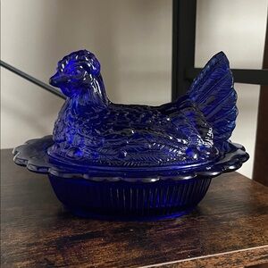 Vintage Mosser Cobalt Blue Glass Hen on Nest